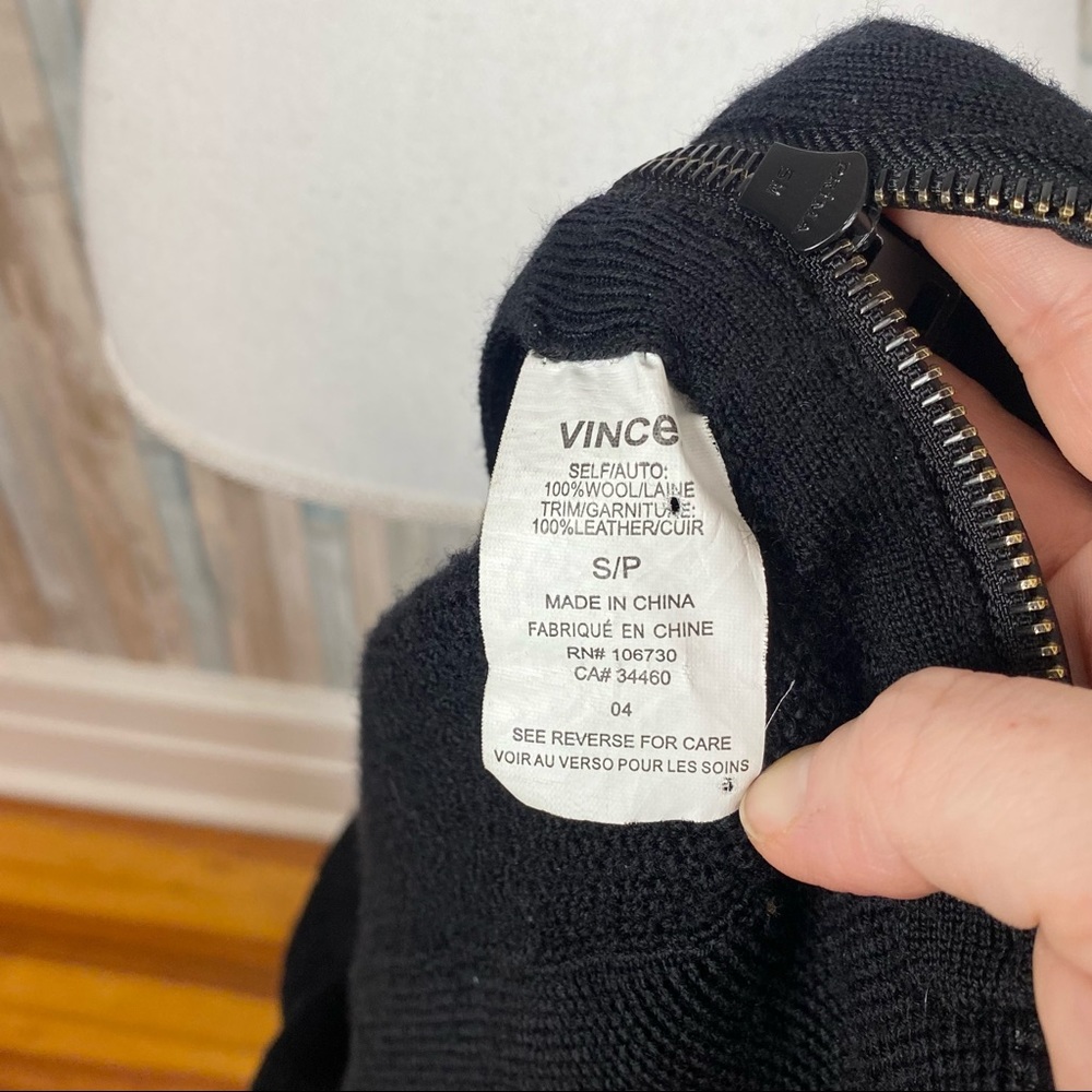 Vince S Black Leather Trim Zipper Textured 100% Wool Knit Sweater Pullover - Picture 10 of 14